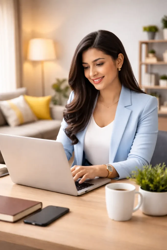 A professional woman in a blue blazer smiling while working on a laptop in a bright, modern home office setting with a coffee cup and plants on the desk.