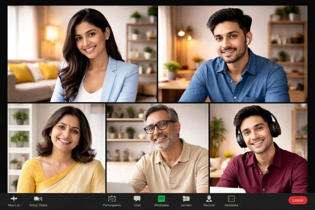 A 5-person video call grid showing diverse corporate professionals smiling and working efficiently from home, featuring an interactive meeting interface.