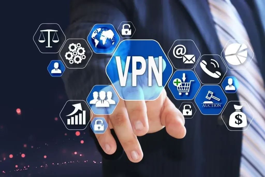 A businessman's hand touching a digital "VPN" icon surrounded by security symbols like locks, globes, and shopping carts, representing secure remote work.