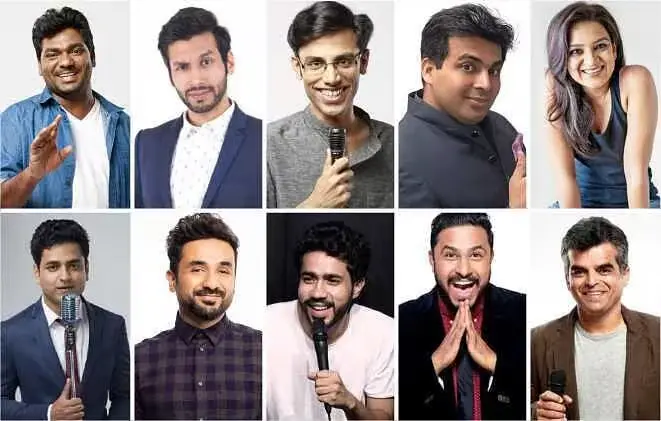 A grid collage of famous Indian stand-up comedians like Zakir Khan, Abhishek Upmanyu, and Kenny Sebastian, commonly booked for corporate events in India