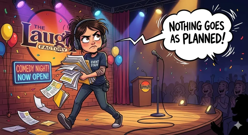 An event organizer with a headset looking overwhelmed on a comedy stage with the thought bubble "Nothing Goes As Planned!", highlighting the need for a "Yes, And" rehearsal to prevent technical issues