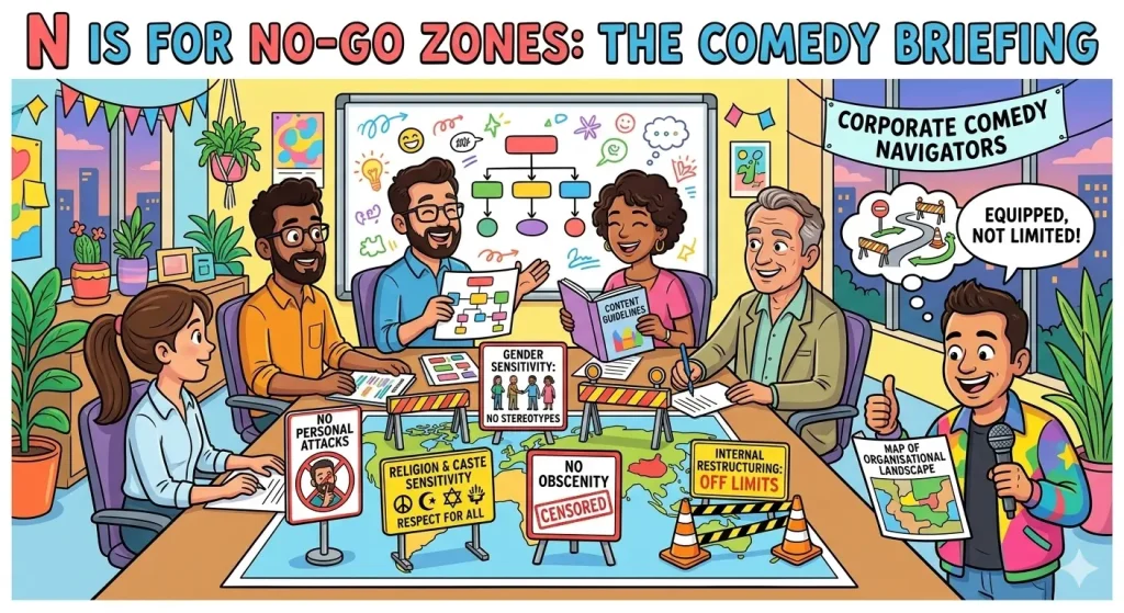 A cartoon team and a comedian looking at a "Map of the Organisational Landscape" with signage for "No Personal Attacks," "No Obscenity," and "Gender Sensitivity" to represent effective comedy briefing