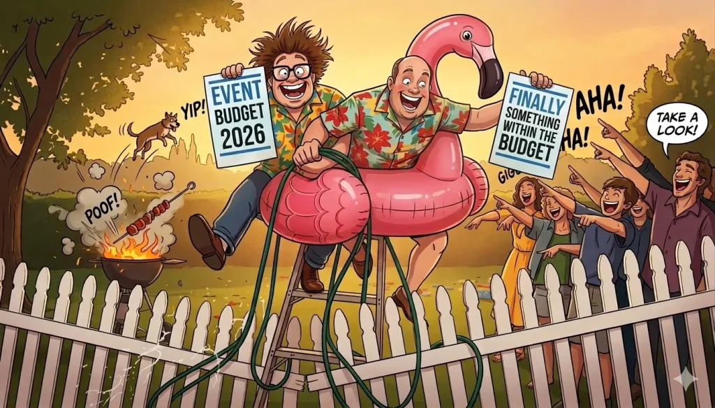 A fun cartoon illustration of two men riding a pink flamingo with signs that say "Event Budget 2026" and "Finally something within the budget," representing cost clarity for corporate comedy bookings