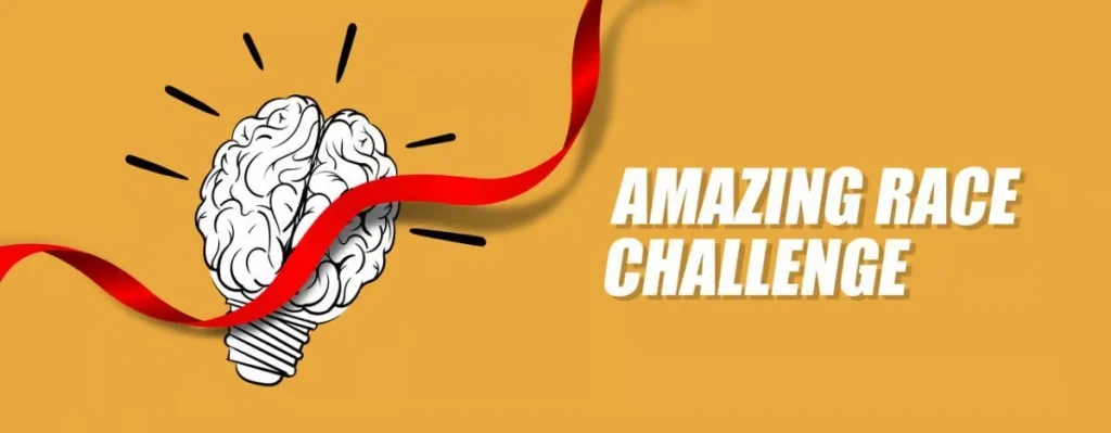 A bright yellow banner featuring a brain-shaped lightbulb being crossed by a red finish line ribbon, titled "Amazing Race Challenge."