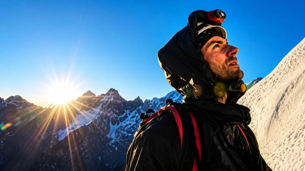 A mountaineer overlooking a vast, snow-capped peak, representing the strategic vision required for high-stakes corporate leadership