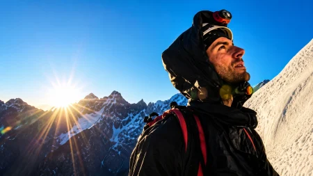 10 Things Mountaineers Know About Pressure that Most Corporate Leaders Don’t A mountaineer overlooking a vast, snow-capped peak, representing the strategic vision required for high-stakes corporate leadership