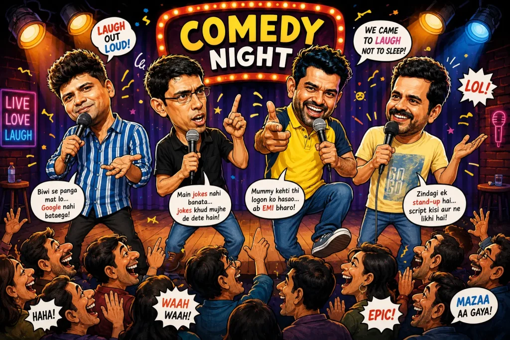 Caricature illustration of popular Indian stand-up comedians performing on a comedy night stage for a corporate event
