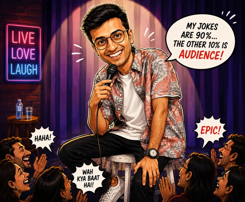 Ashish Solanki performing stand-up comedy on stage with a cheering audience