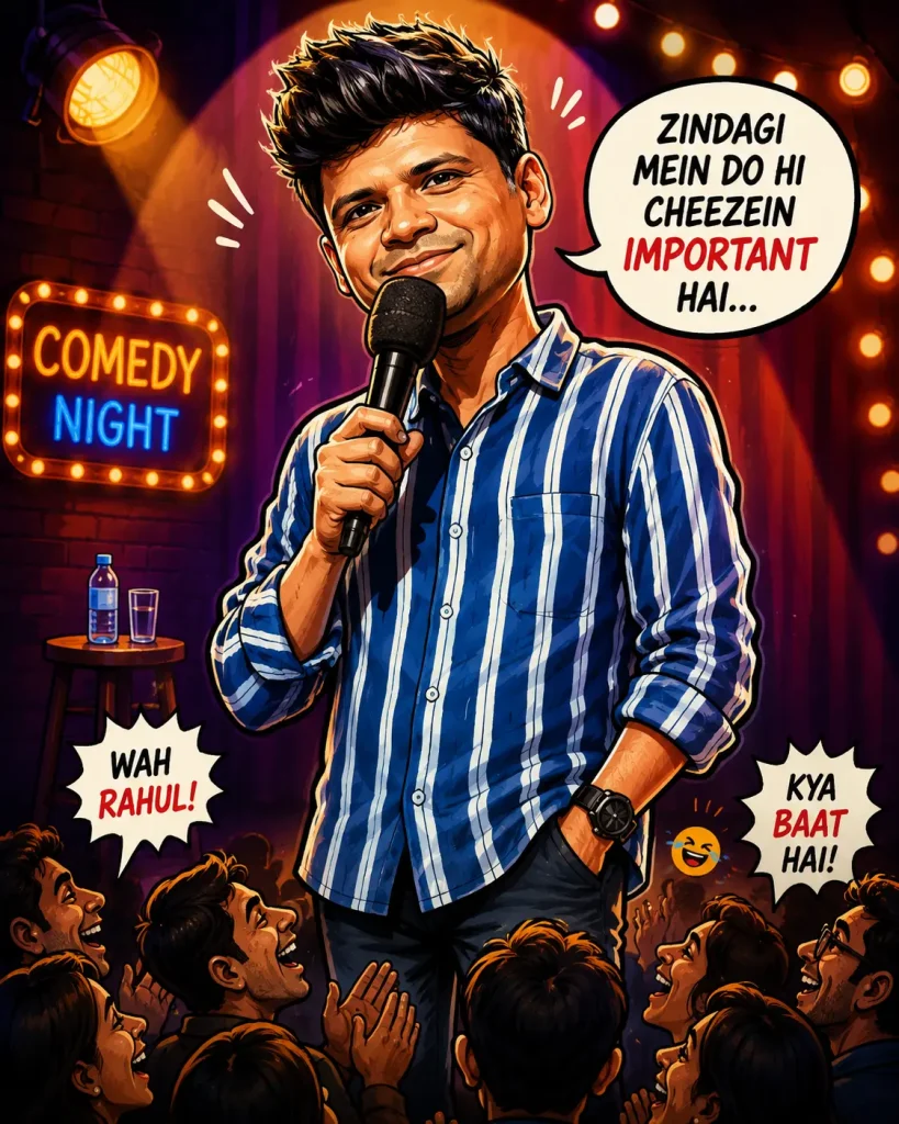 Rahul Subramanian performing live stand-up comedy on stage