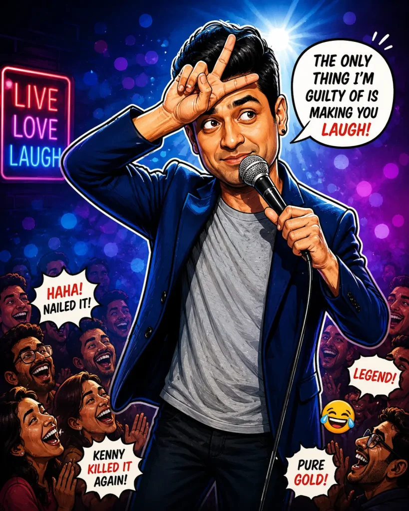 Kenny Sebastian performing live stand-up comedy on stage to a laughing crowd