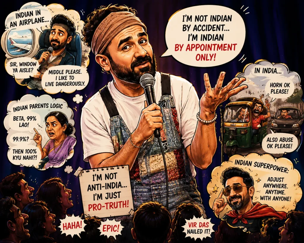 Vir Das performing stand-up comedy on stage surrounded by his iconic comedy themes