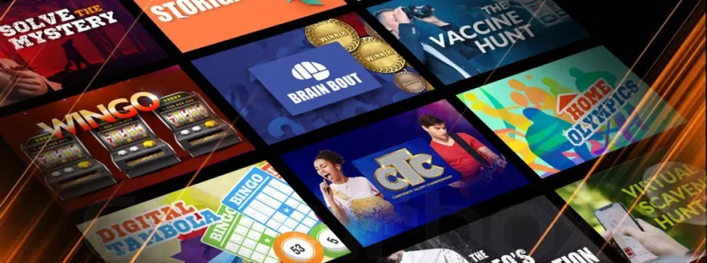 A 3D grid collage of various corporate engagement banners, including Solve the Mystery, Storigami, Brain Bout, CTC, Digital Tambola, and Virtual Scavenger Hunt.
