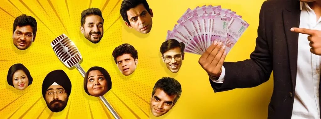 Infographic banner showing various Indian comedians and money, representing the 2026 budget guide for hiring stand-up comedians