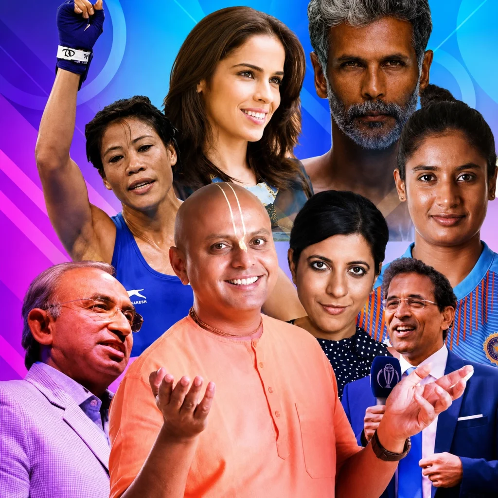 A collage of renowned Indian athletes, celebrities, and top-tier motivational speakers, representing premium speaker talent for major corporate events