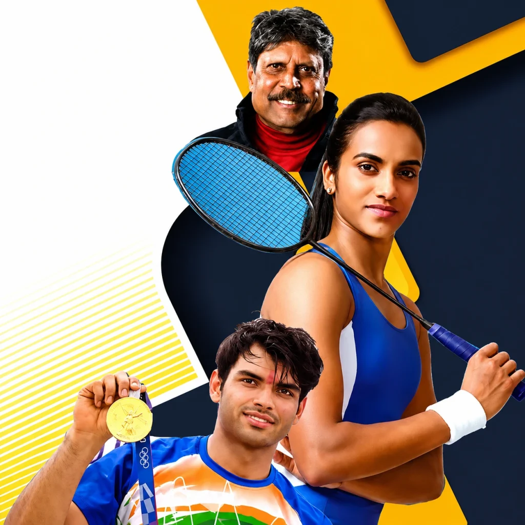 Collage of iconic Indian sports legends including Kapil Dev, PV Sindhu, and Neeraj Chopra, available for premium corporate speaking engagements