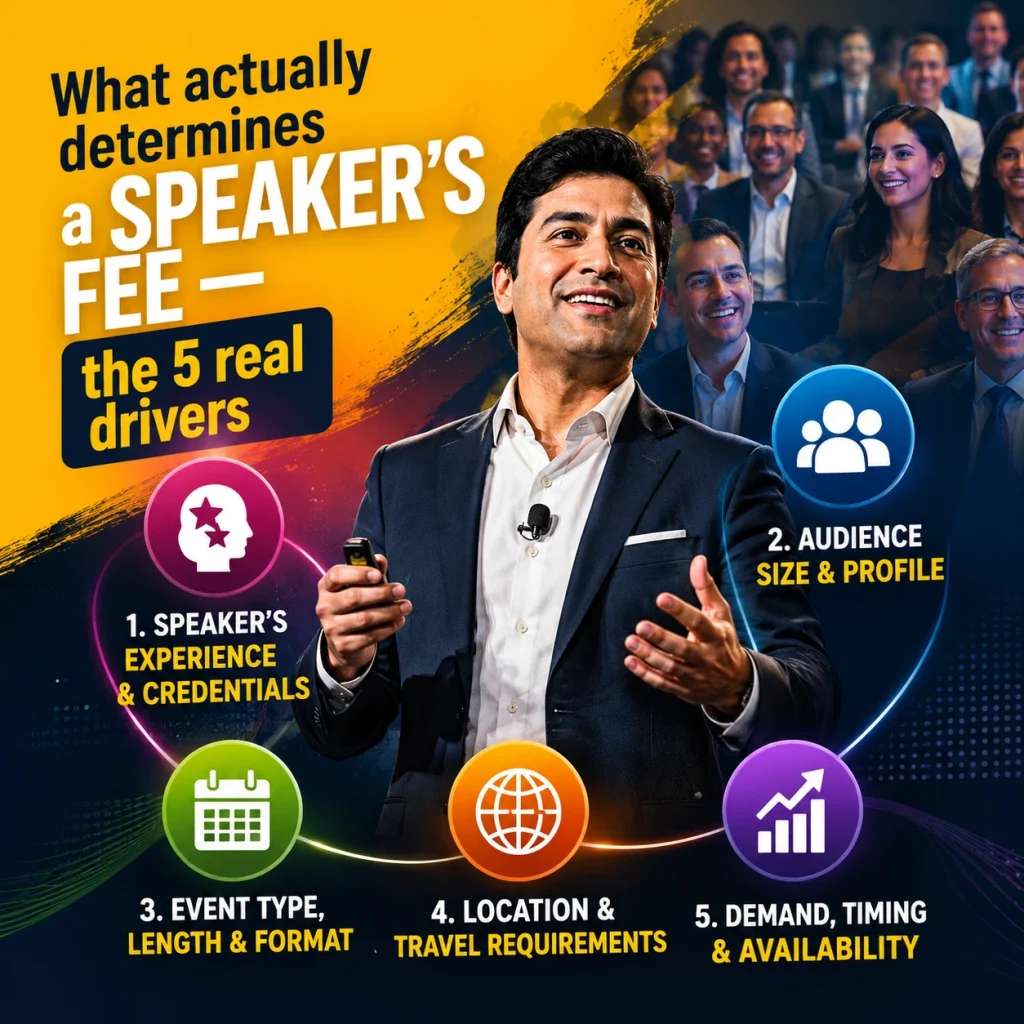 Infographic explaining the 5 drivers of motivational speaker fees: experience, audience profile, event format, location, and demand/availability