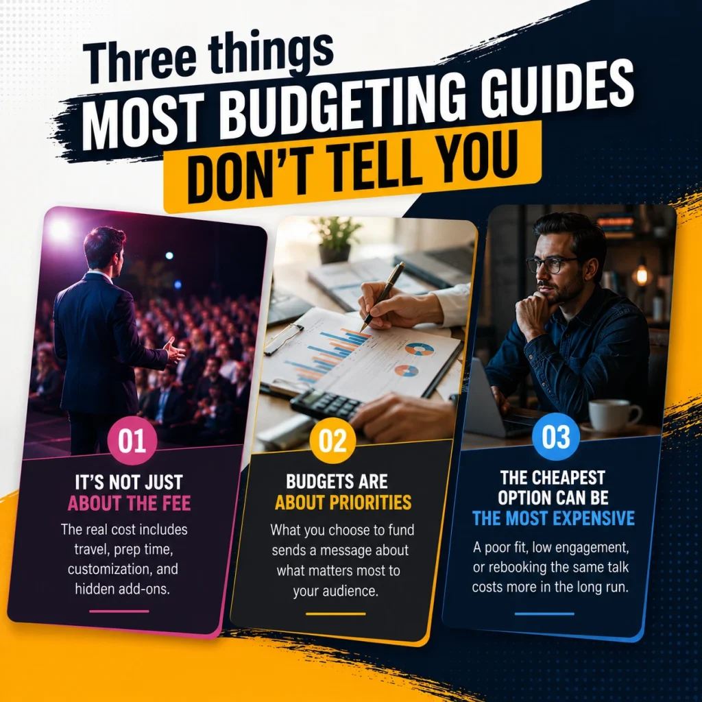 An infographic showing three key budgeting tips for hiring speakers: considering total costs beyond fees, aligning budget with priorities, and avoiding cheap, low-engagement speakers