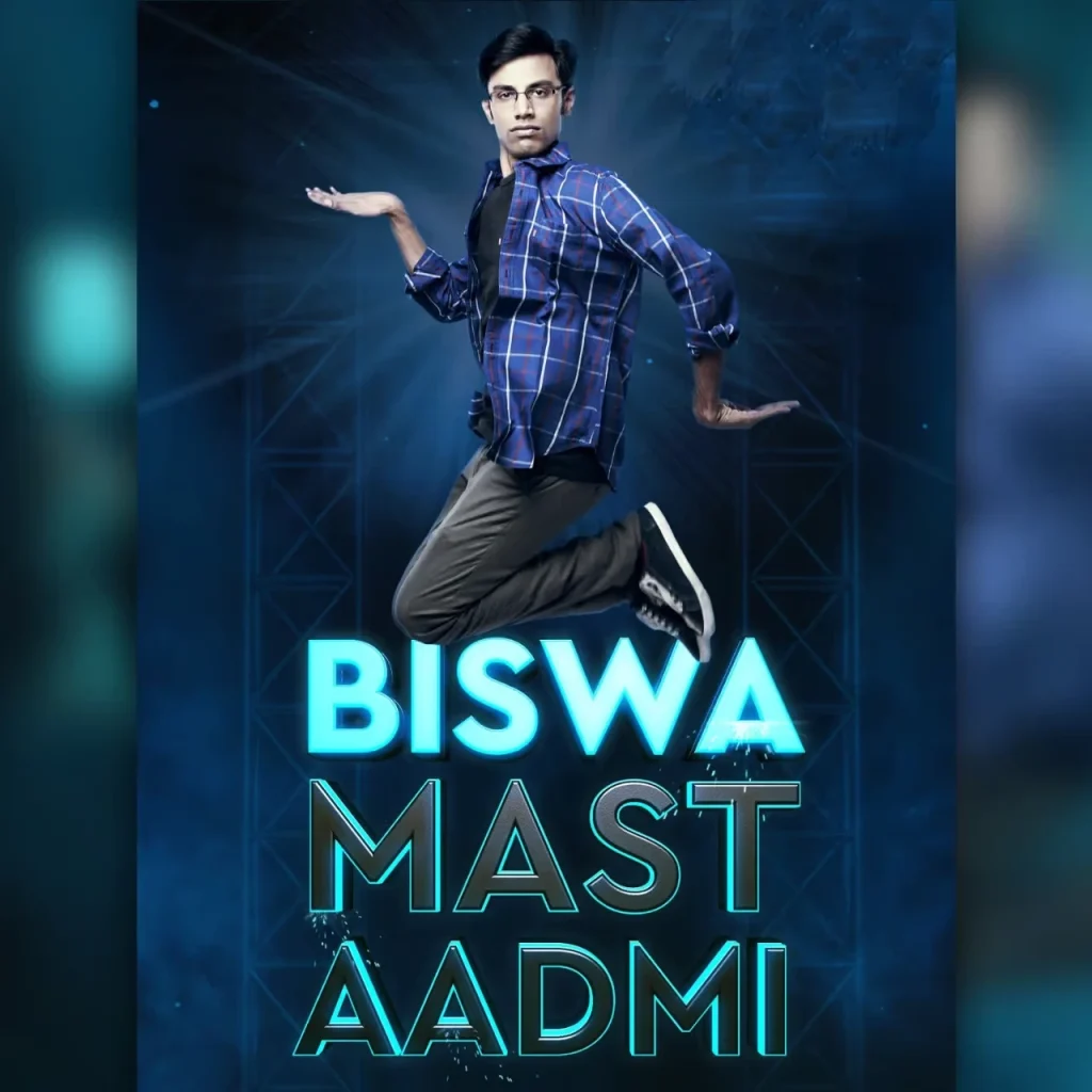 Biswa_Kalyan_Rath_Biswa_Mast_Aadmi_Special Indian comedian Biswa Kalyan Rath jumping on stage in promotional artwork for his stand-up comedy special 'Biswa Mast Aadmi.'