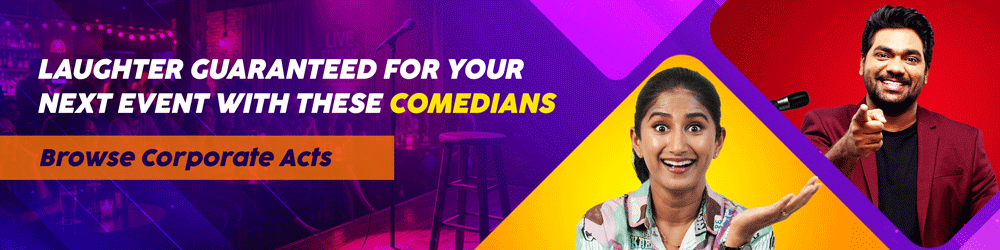 Banner featuring Indian stand-up comedians Zakir Khan and Prashasti Singh with text: Laughter guaranteed for your next event