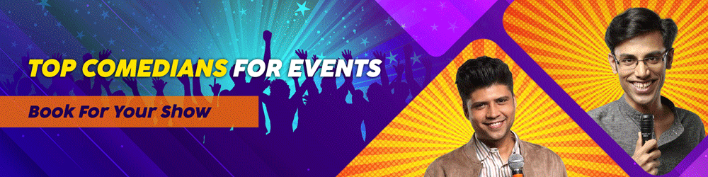 Event banner with a cheering crowd silhouette and comedians Abhishek Upmanyu and Biswa Kalyan Rath, with text: Top Comedians for Events - Book For Your Show