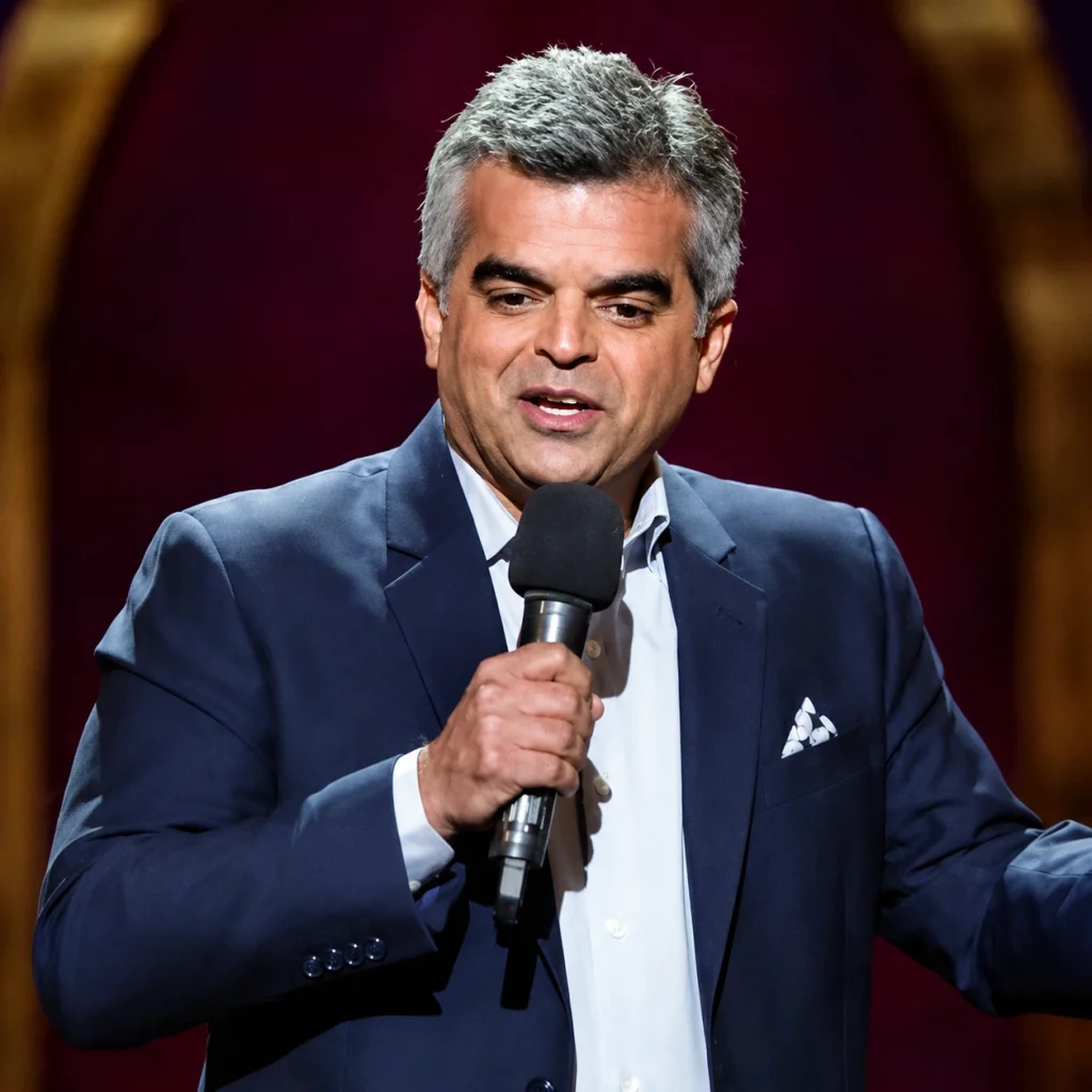 Atul Khatri performing stand-up comedy on stage with a microphone in a suit, capturing his professional corporate comedian persona