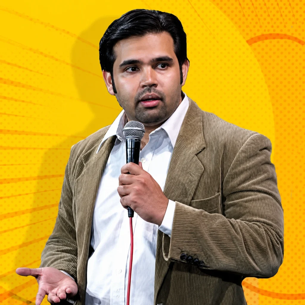 Dr. Jagdish Chaturvedi performing stand-up comedy on a bright yellow background, wearing a corduroy blazer and holding a microphone