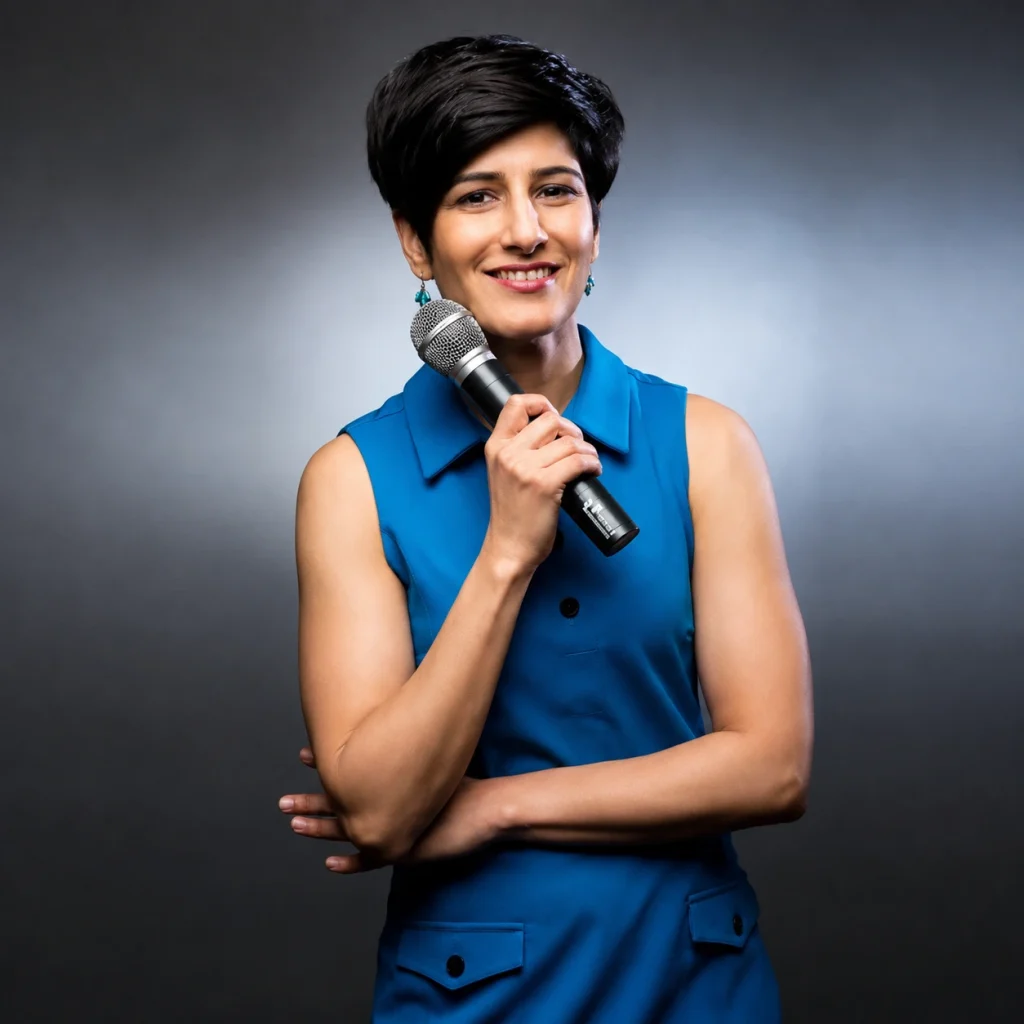 Comedian Neeti Palta smiling, holding a microphone, and wearing a sleeveless blue dress against a neutral grey background