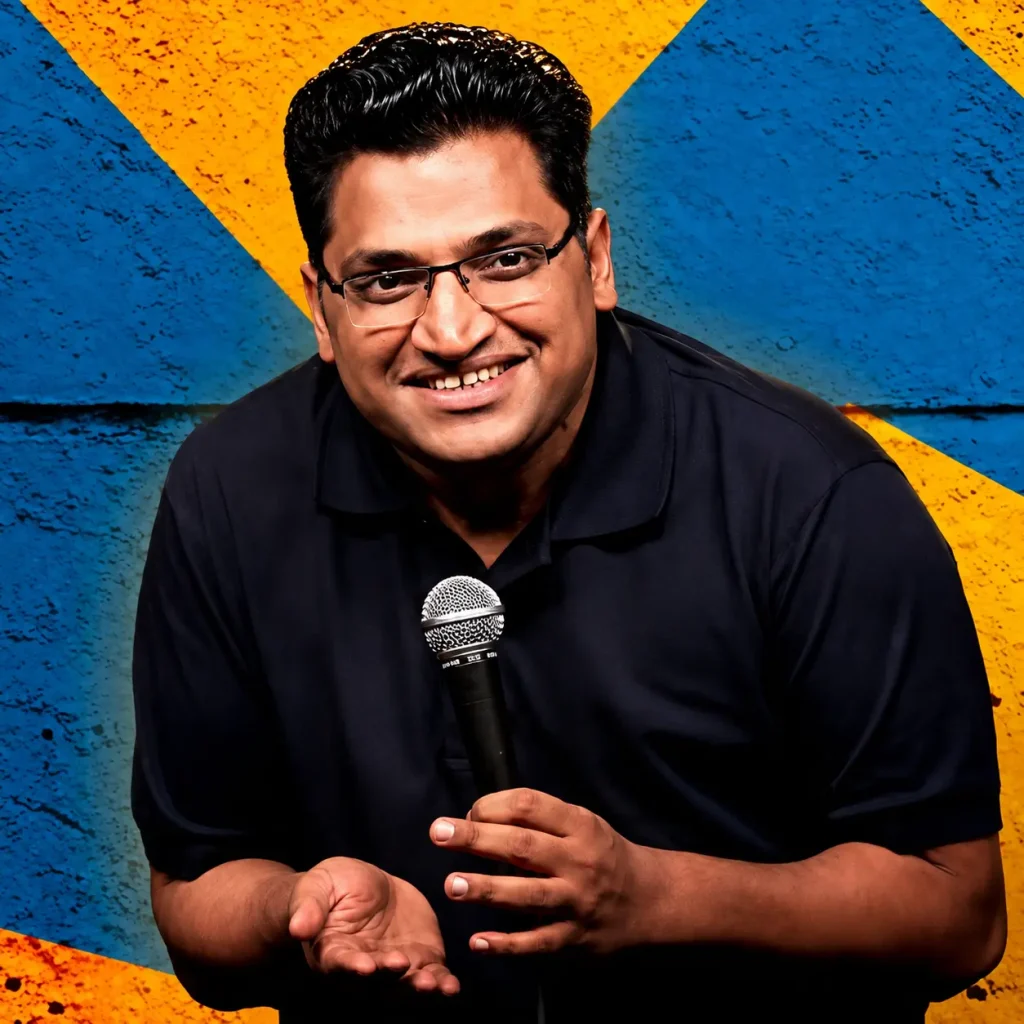 Comedian Gaurav Gupta performing stand-up comedy, wearing a black polo shirt, gesturing with a microphone against a blue and yellow textured backdrop