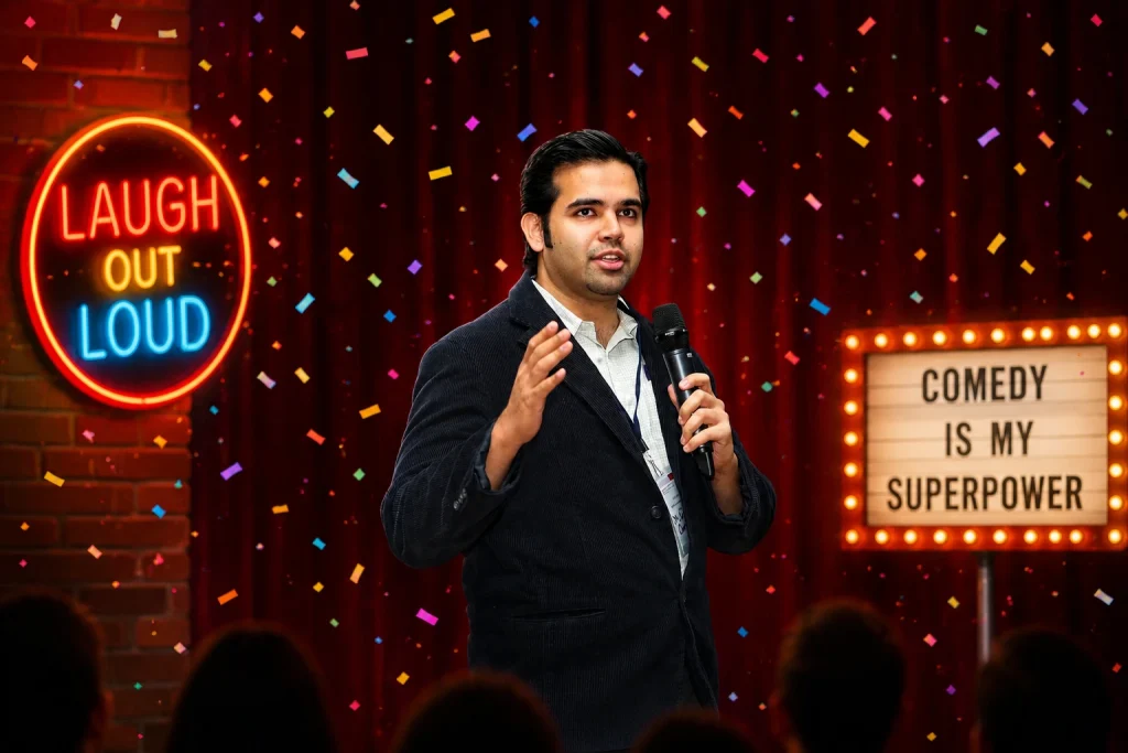 Dr. Jagdish Chaturvedi speaking into a microphone on stage at a corporate event with a "Comedy Is My Superpower" sign in the background
