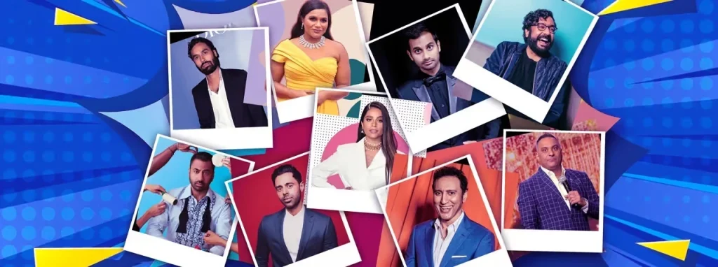 Collage of famous comedians including Zakir Khan, Kapil Sharma, Mindy Kaling, Aziz Ansari, and other global stars of South Asian descent