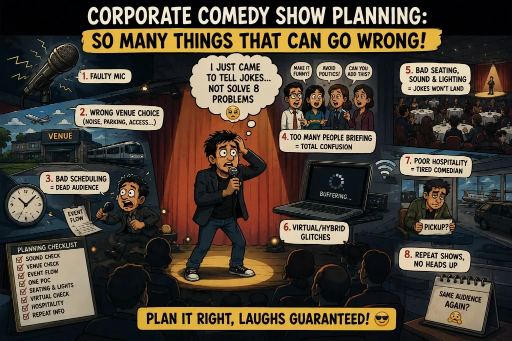 Infographic illustrating 8 common mistakes in corporate comedy show planning, including technical, venue, and communication pitfalls