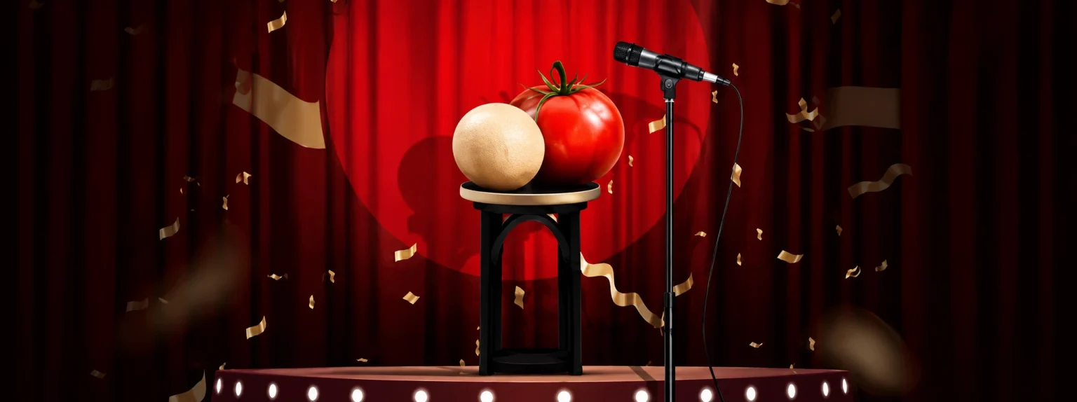A comedy stage banner with a microphone and a tomato, representing the importance of proper corporate comedy show planning to avoid a tough crowd