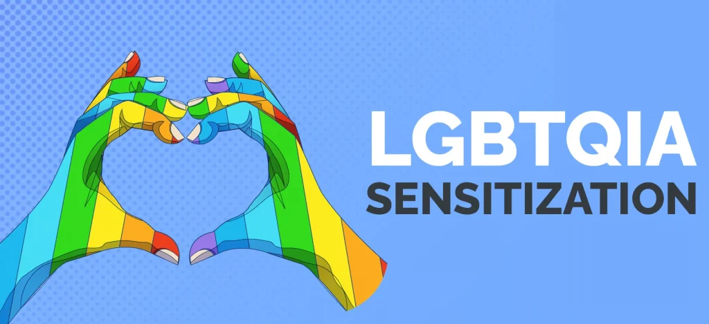 A vibrant blue graphic featuring two hands forming a heart shape, colored with the rainbow pride flag, next to the bold white text "LGBTQIA SENSITIZATION".