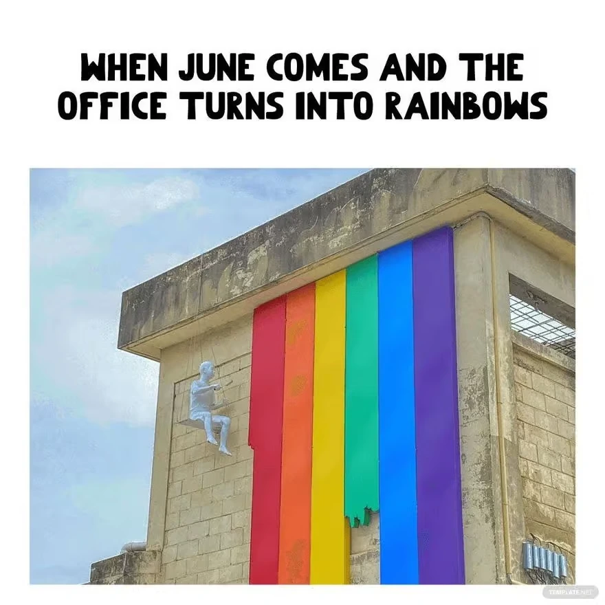 A building exterior featuring a large rainbow flag mural with a white sculpture of a person sitting on a ledge, captioned "When June comes and the office turns into rainbows."