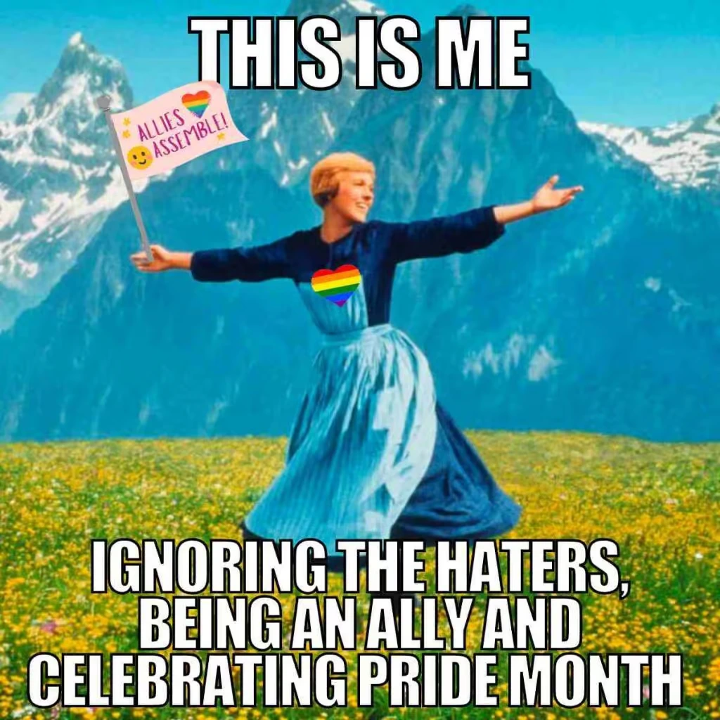 A meme featuring Julie Andrews in a mountain field from "The Sound of Music," holding a flag that says "Allies Assemble!" and a rainbow heart on her dress, with text overlay: "THIS IS ME IGNORING THE HATERS, BEING AN ALLY AND CELEBRATING PRIDE MONTH."