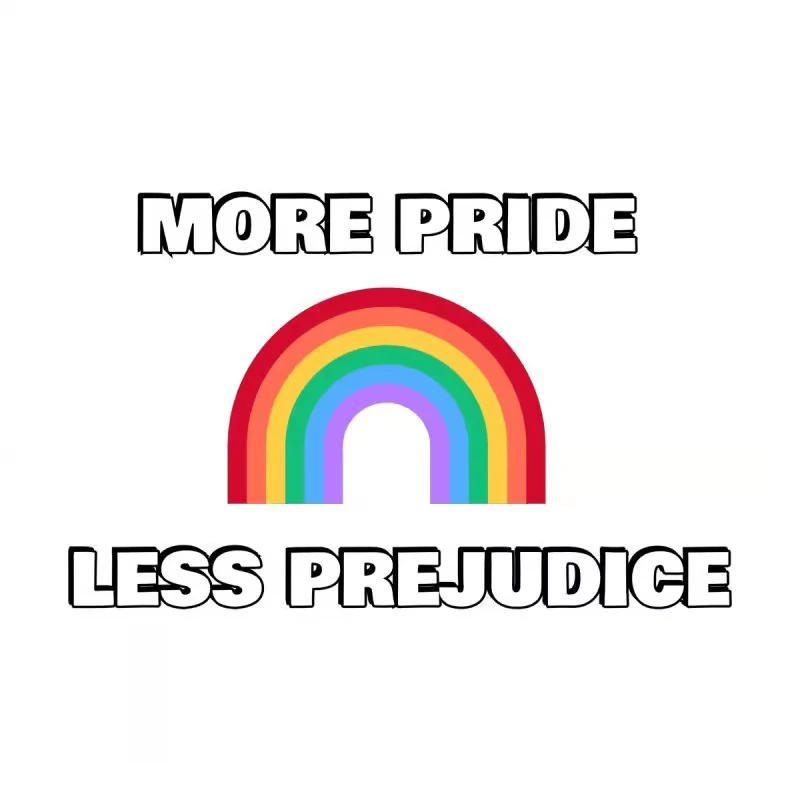 A colorful rainbow icon centered on a white background, flanked by the bold text "MORE PRIDE" above and "LESS PREJUDICE" below.