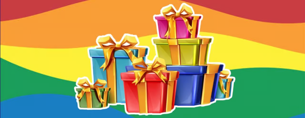 A vibrant graphic featuring a stack of colorful gift boxes with gold ribbons set against a wavy rainbow-colored background.