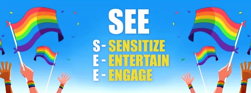 A horizontal four-step process diagram labeled 01. Sensitize, 02. Experience, 03. Celebrate, and 04. Sustenance, designed for corporate Pride Month engagement.