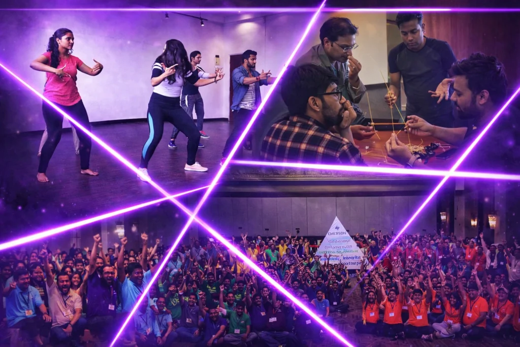 A vibrant purple-themed collage featuring young professionals participating in diverse team-building activities, including a dance workshop, the Marshmallow Challenge, and a large group celebration.