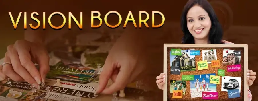 Vision-Board-Corporate-Goal-Setting-Workshop A smiling Indian woman holding a corkboard "Vision Board" filled with aspirational images of success, health, travel, and family, with a blurred background of hands pinning a "Synergy" cutout to a board.