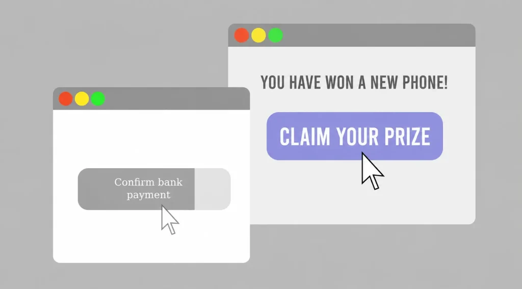 Diagram showing a clickjacking exploit where a fake prize button covers a real bank payment confirmation button