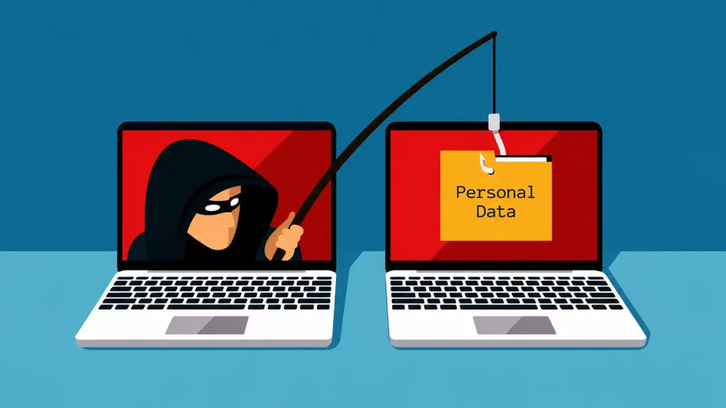 Cybercriminal using a fishing rod on a laptop screen to steal personal data from another computer
