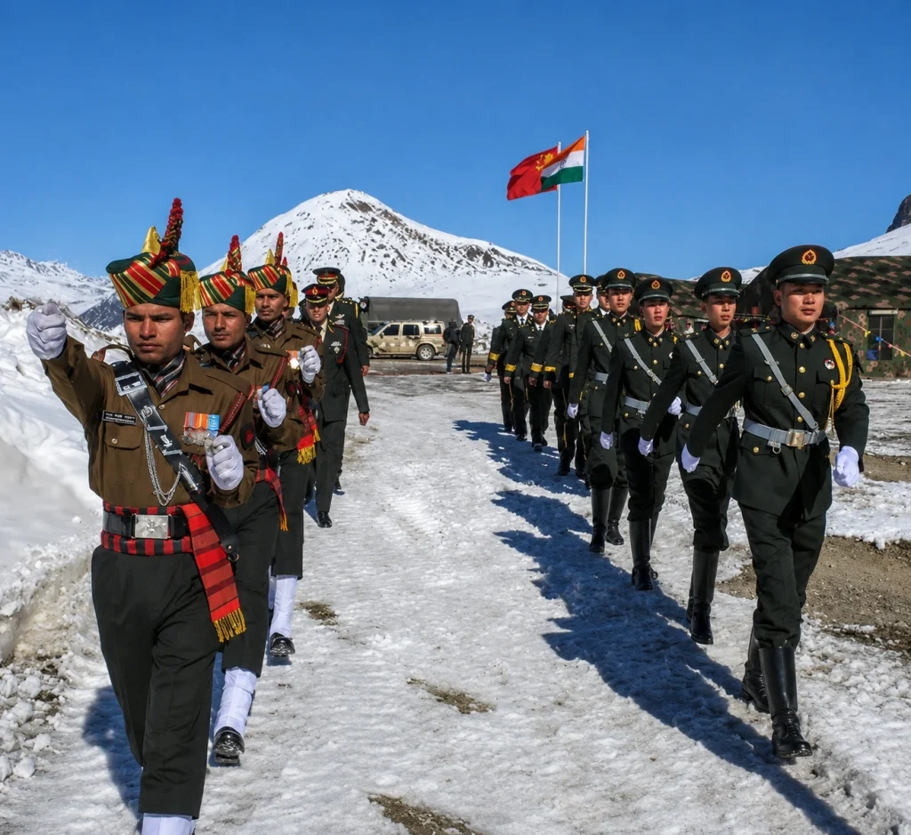 India-China Border Military Interaction Indian and Chinese army personnel walking together in a snowy, mountainous border region