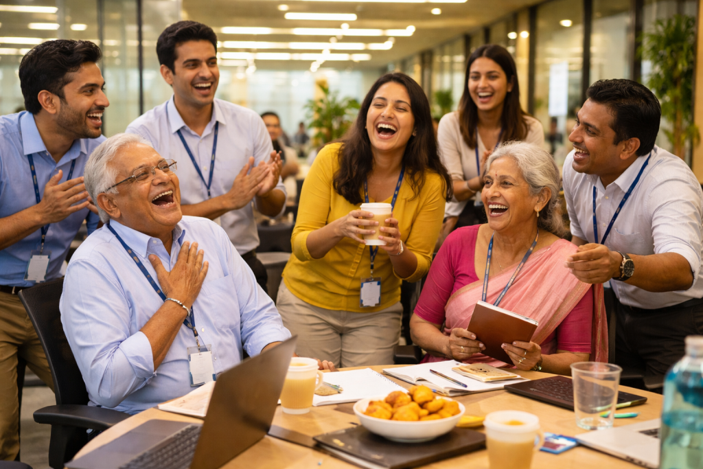 A vibrant scene in an Indian corporate office where a diverse group of employees is laughing heartily during a stand-up comedy session led by a colleague with a microphone.
