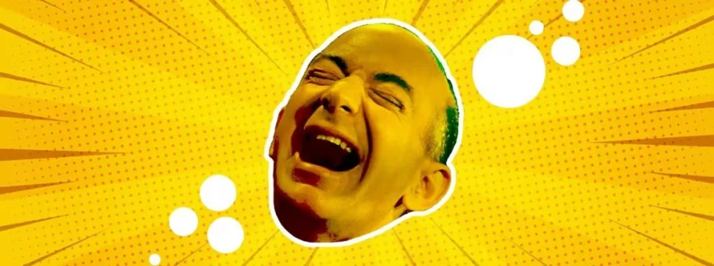 A vibrant, yellow-themed blog banner featuring a stylized, laughing portrait of Jeff Bezos against a pop-art sunburst background with white circular graphic elements.