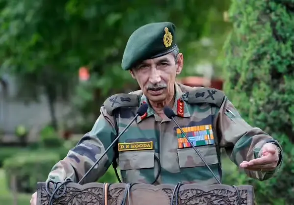 Lt. Gen. Deependra Singh Hooda in uniform, speaking at a podium