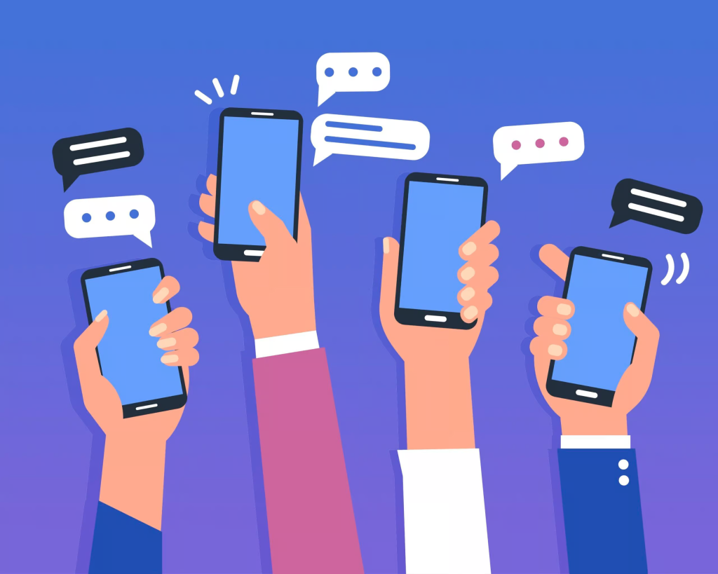 Broadcast-SMS-WhatsApp-Employee-Engagement A colorful flat illustration of four hands holding smartphones against a purple background, with various speech bubbles and message icons floating above them.