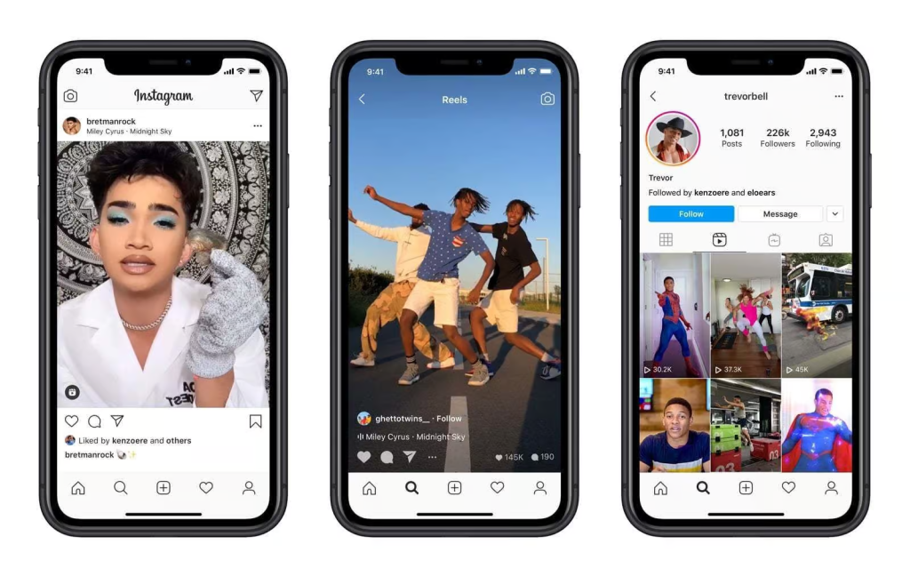 Short-Video-Employee-Engagement-Social-Media-Internal Three smartphones side-by-side displaying social media interfaces with short-form video content, including a makeup tutorial, dancers on a road, and a profile grid, representing the popularity of Reels and Stories.
