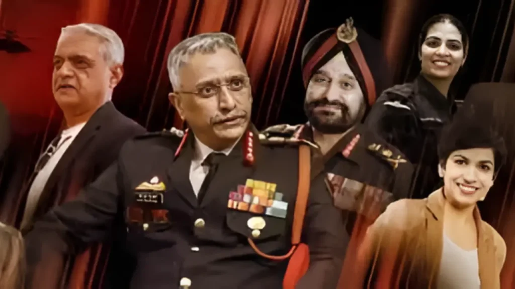 A composite banner featuring several Indian Army veterans, including Capt. Raghu Raman, Gen. M.M. Naravane, and others, showcasing their leadership experience