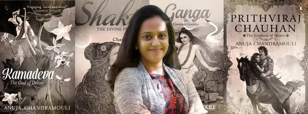 What Shakti Mythology Teaches About Women’s Power — by Anuja Chandramouli Bestselling author Anuja Chandramouli surrounded by her popular mythological books including Kamadeva, Shakti, and Prithviraj Chauhan